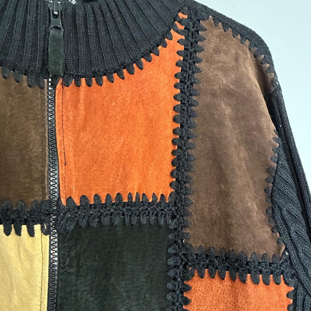 Y2K DESIGNERS STUDIO Patchwork Suede Zip Up Sweater Jacket Womens XL Festival - Picture 3 of 6